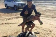 澳洲昆士兰省弗雷泽岛两名男游客在沙滩踩在海龟背上假装滑浪